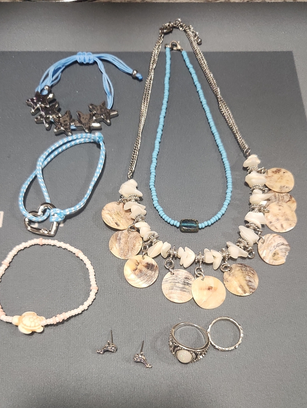 Blue Beaded Shell Pendant Necklace with Natural Shell Discs